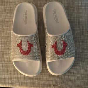 True Religion White Slide Sandals with Red Logo
